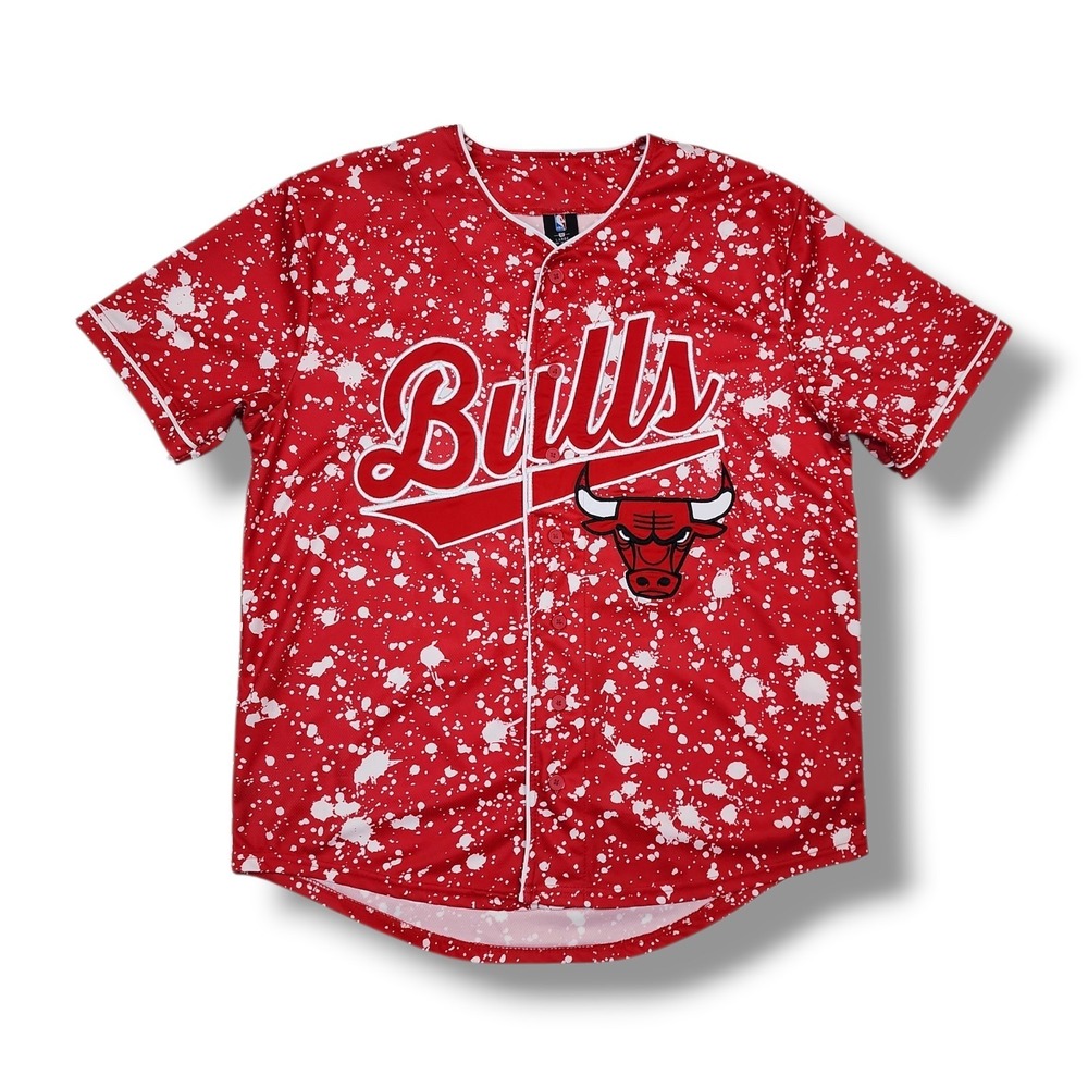 NBA Chicago‎ Bulls Button Up Jersey #66 Red Splatter Embroidered Shirt Men's L